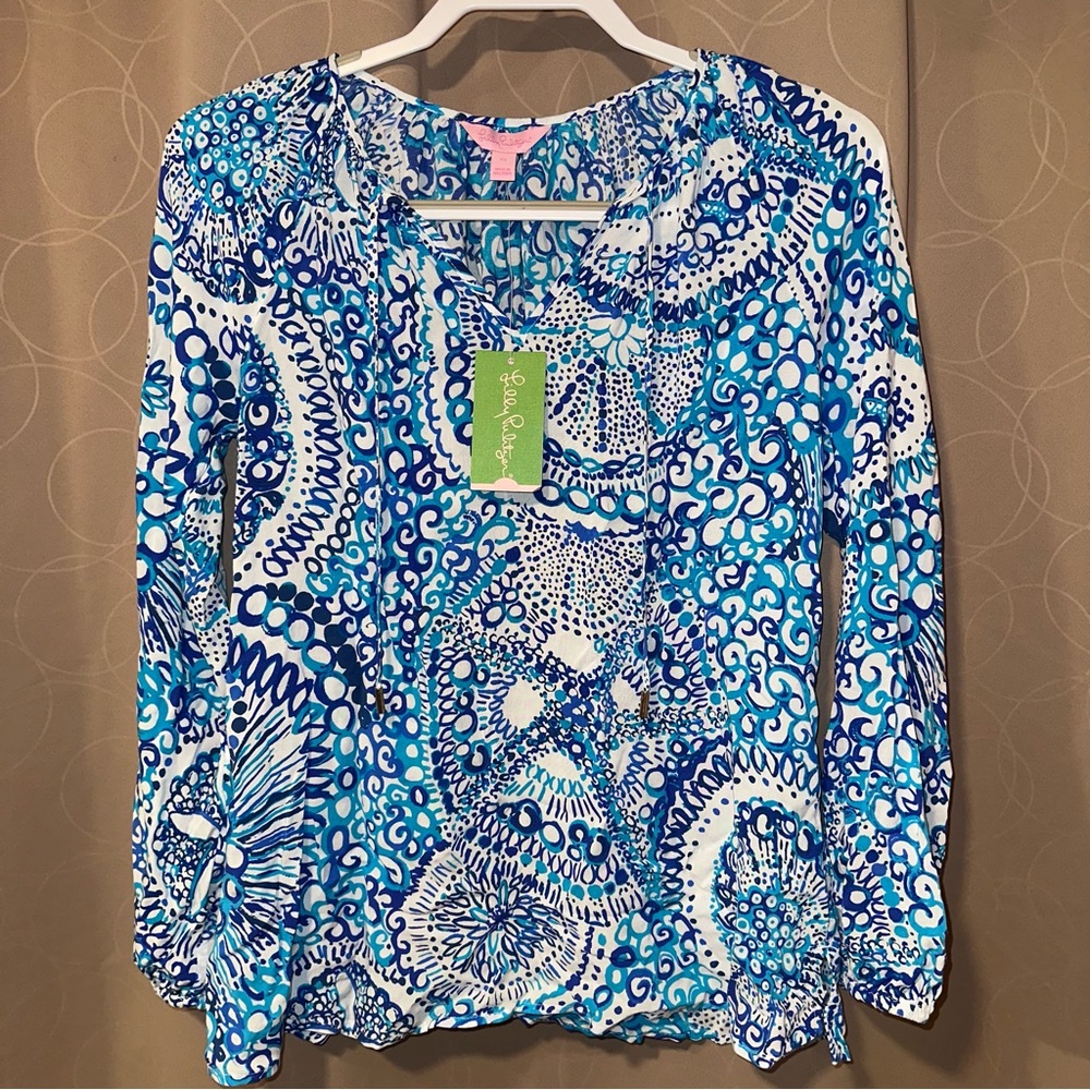Lilly Pulitzer Womens Top Blue & White Willa Long Sleeve Midnight Blues NWT - XS